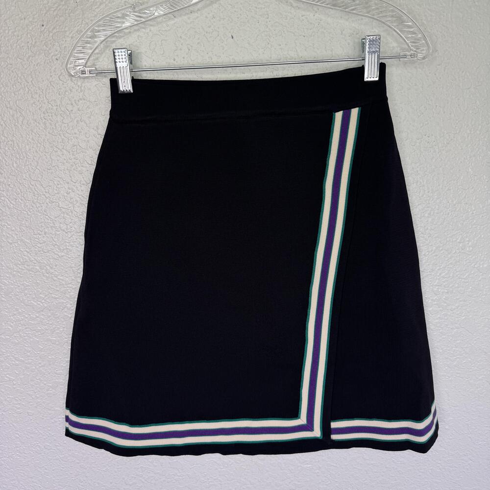 Sandro Skirt Womens 6 Striped Knit A Line Mini Elastic Waist Black Casual Sporty